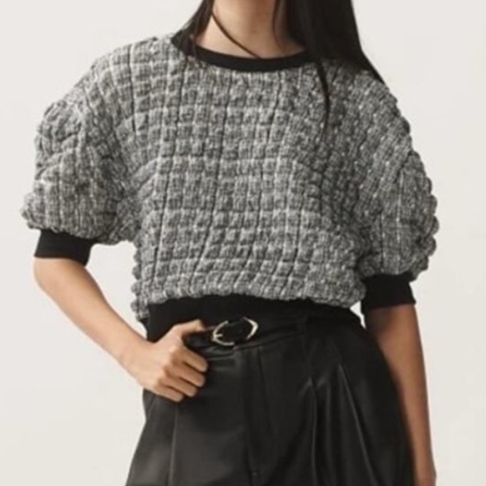 Maeve Gray Textured Puff-Sleeve Cropped Sweater Top